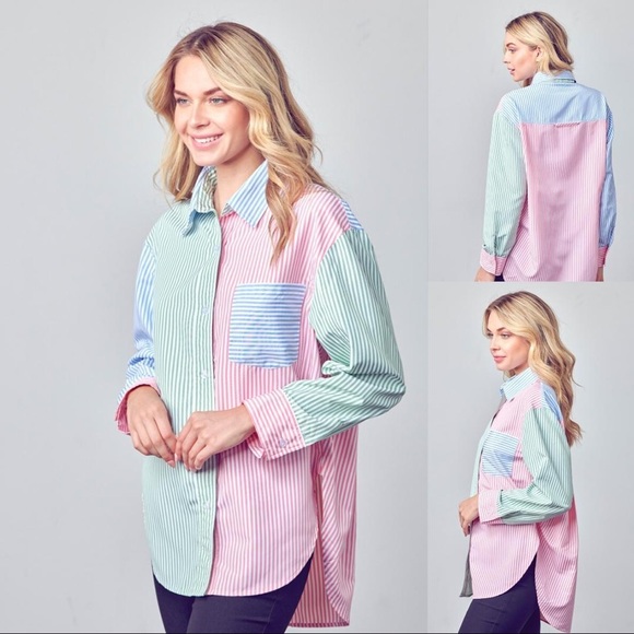 FORE COLLECTION SUMMER COLORBLOCK PINSTRIPE CURVED HEM BUTTON UP POPLIN SHIRT - Picture 3 of 6